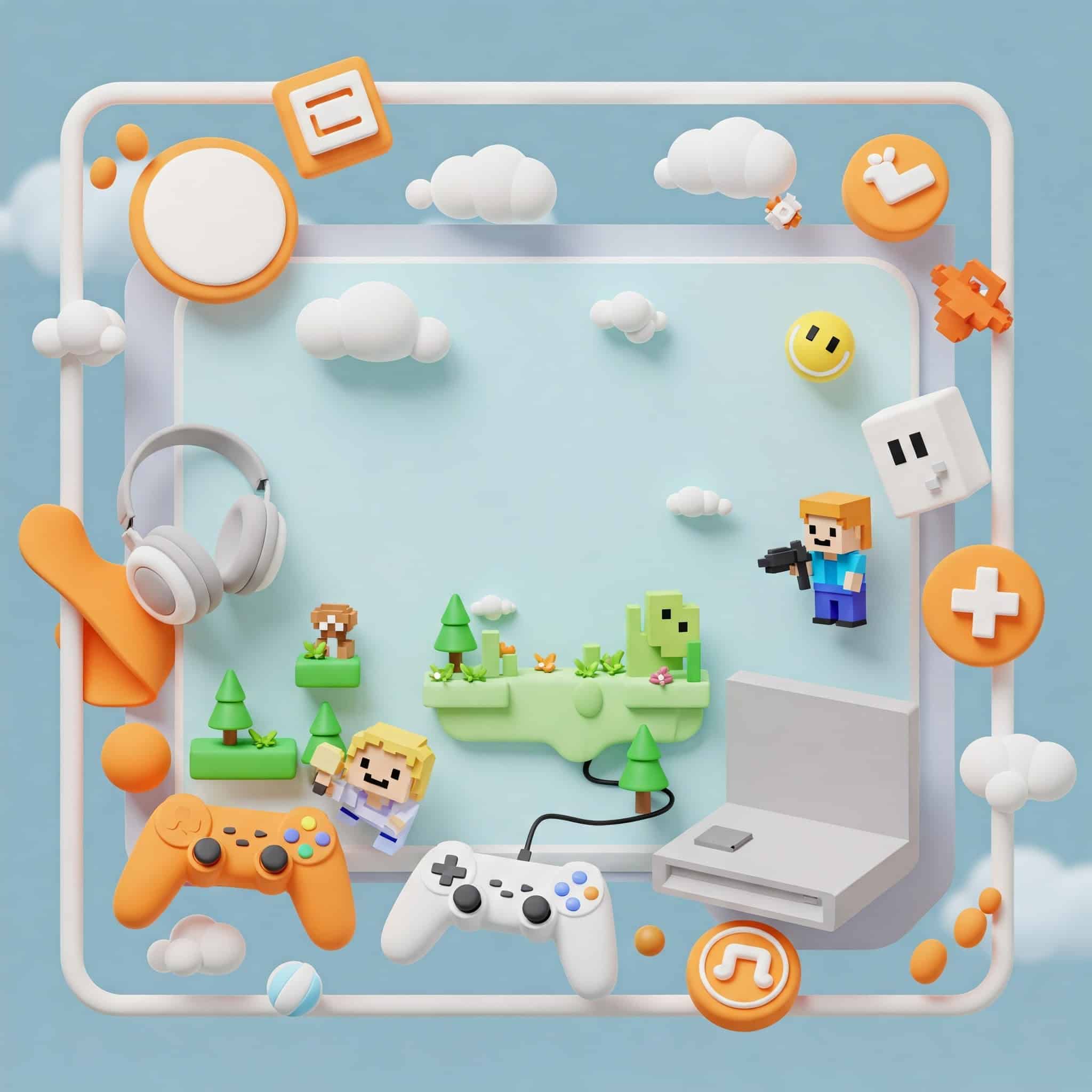 עולם הווירטואלי של משחקי וידאו, עם קונסולות, בקרים ודמויות אייקוניות. צבעים פסטליים רכים, תאורה טבעית ואווירה רגועה. תמונה שמזמינה אותך להיכנס לעולם של הרפתקאות ויצירתיות