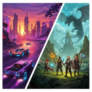 עולם הווירטואלי של משחקי וידאו, עם דמויות משחק המשתתפות במאבקים אפיים ומסעות מרגשים.