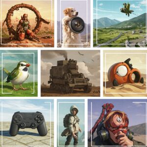 התמונה מציגה את העולם המרגש של משחקי הווידאו, עם גיבורים אגדיים, עולמות מדהימים ורגעים בלתי נשכחים. בסגנון אילוסטרציה חדשני וקליל, התמונה מתארת סצנות שונות ממשחקי וידאו פופולריים, מנופים אפיים ומפלצות מרושעות. הצבעים בהירים ונוחים, והתמונה מעבירה תחושה של התרגשות והרפתקה.