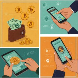 התמונה מציגה את עולם המטבעות הדיגיטליים בצורה מרהיבה. היא כוללת את המטבעות הפופולריים ביותר, כמו ביטקוין, את'ריום וריפל, ומציגה את הפוטנציאל העצום שלהם. התמונה מעוצבת בסגנון מודרני וצבעוני, והיא מעבירה תחושה של התרגשות והזדמנות.