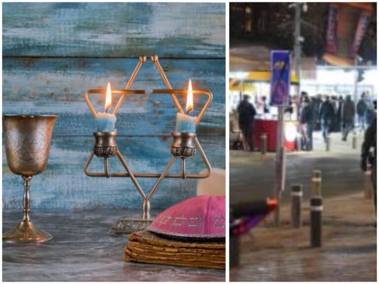 סמלים יהודיים כמו חנוכייה, גביע קידוש וספר תהילים לצד דוכני שוק בירושלים