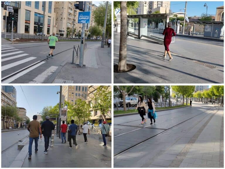 מסלול ריצה של שבת ברחוב יפו בירושלים, עם דמויות ספורטיביות, חרדים וחתולים