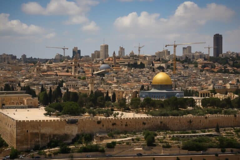 מבט רחב על העיר העתיקה בירושלים עם כיפת הסלע, מגדלים בבנייה, מנופים ואלמנטים מודרניים בשולי נוף היסטורי עתיק