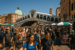 רחוב תיירותי סואן בעיר אירופית, שוק מקומי וצבעוני בשעת ערב