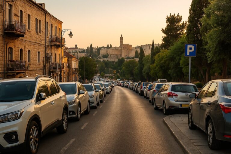 רחוב ירושלמי עם מכוניות חונות לצד מדרכה, באווירת חג ובשעות בין ערביים