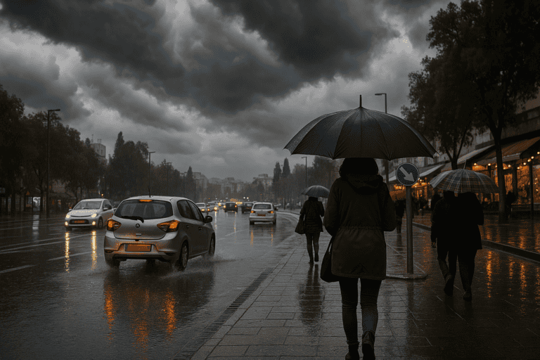 נוף גשום עם עננים כבדים בארץ, כבישים מוצפים ומטיילים עם מטריות.