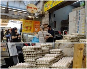 קולאז' של דוכן ביצים עם תורים ארוכים בשוק מחנה יהודה