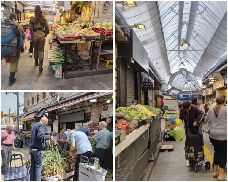קולאז' של דוכני ירקות ונשים קונות בשוק מחנה יהודה