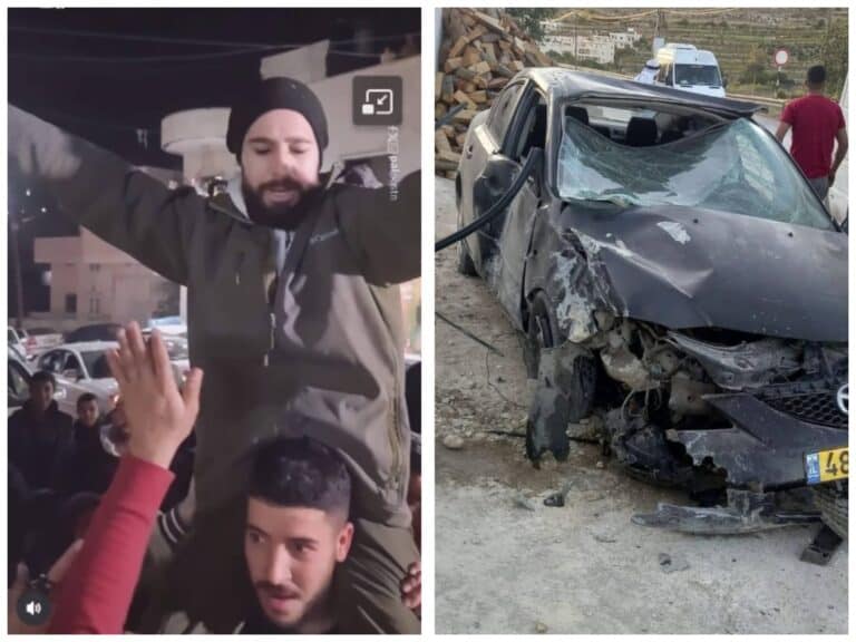 Yasir Terawa after his Jerusalem release celebration (left), and his car after fatal crash near Hebron (right)