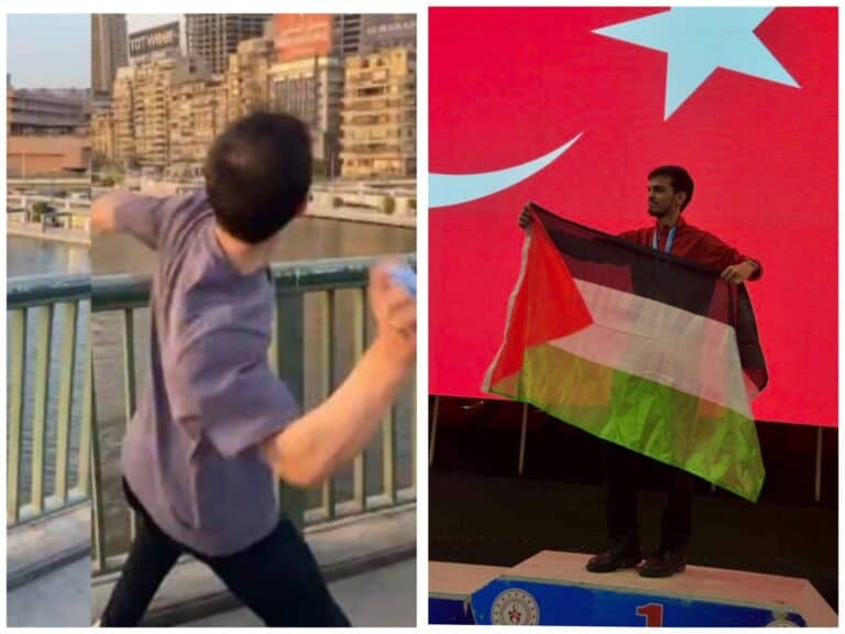 Turkish athlete throws medal into the Nile in protest after losing European kung fu title due to Palestinian flag salute