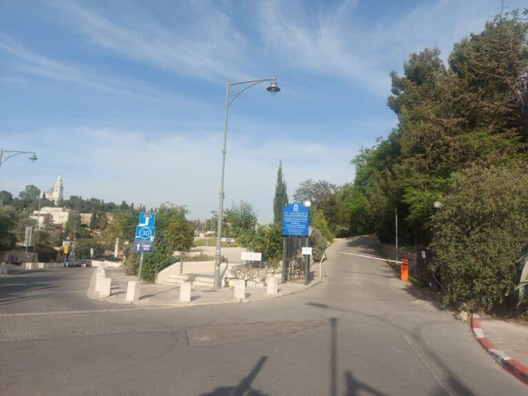 Entrance to St. Andrew's Guesthouse in Jerusalem, quiet and empty amid ongoing regional conflict