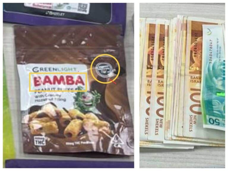 Fake Bamba snack bag with THC and kosher label, next to cash