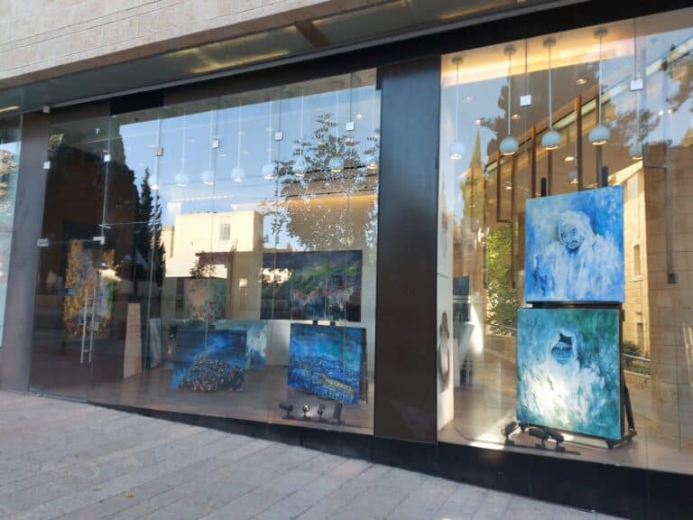 High-end art gallery behind glass on King David Street in Jerusalem