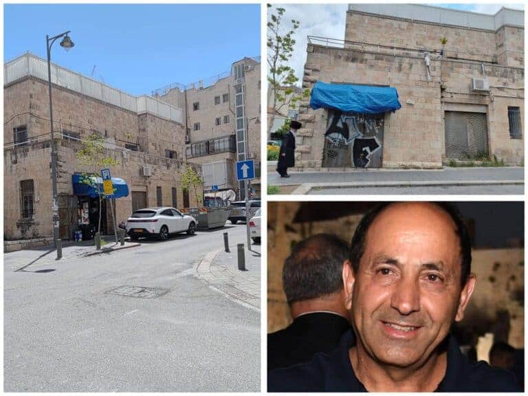 קולאז' של שלוש תמונות: מכולת ישנה בירושלים, חזית חנות סגורה ומוזנחת, ותמונתו של רמי לוי – כסמל לשינוי שחל במרחב המסחרי