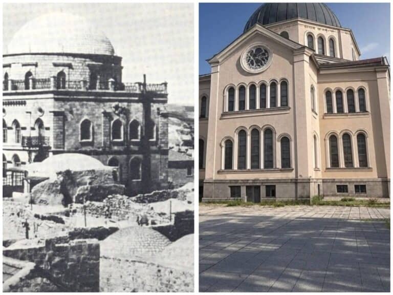 Tiferet Israel Synagogue: Historical photo pre-1948 and modern rebuilt facade (right side is a digital rendering) in Jerusalem's Jewish Quarter
