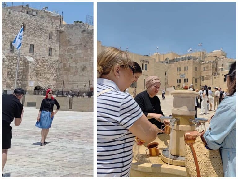 Women washing hands and praying at Jerusalem’s Western Wall plaza after the ceasefire in the war with Iran