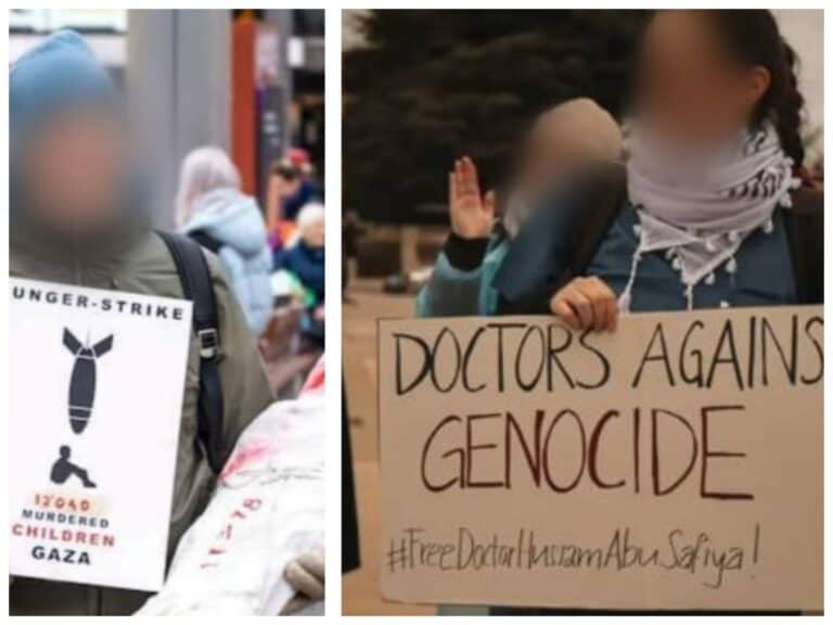 Anti-Israel protesters holding Gaza and Jerusalem-themed signs near border entry