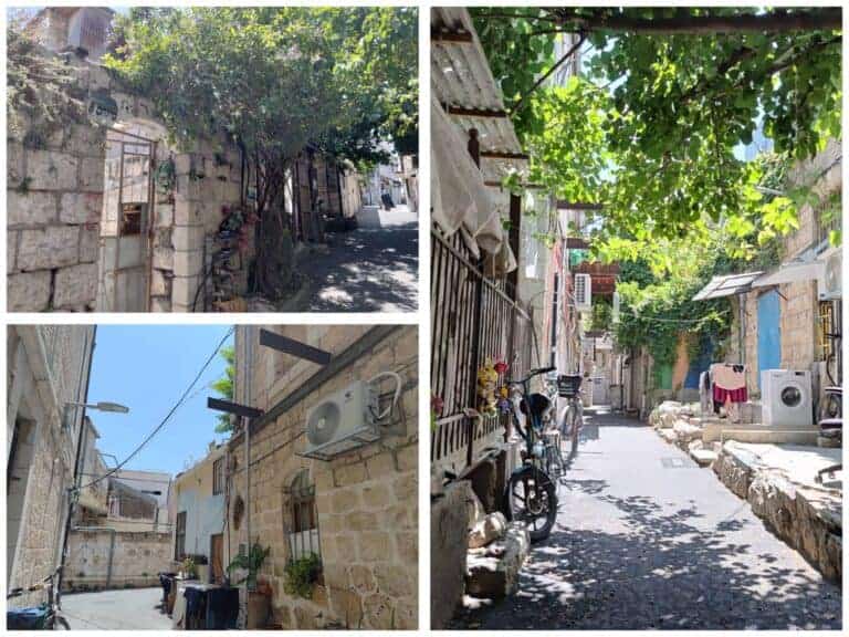 Alleyways and homes in Jerusalem’s Mekor Baruch neighborhood, where residents shelter under aprons during sirens due to lack of protection