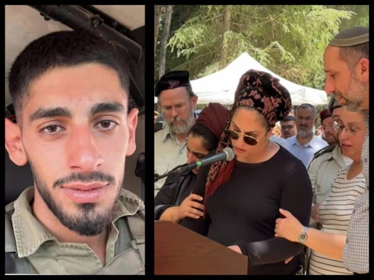 Noam Shemesh, 21-year-old IDF reservist from Jerusalem, and his mother delivering a eulogy at his funeral on Mount Herzl, June 2025