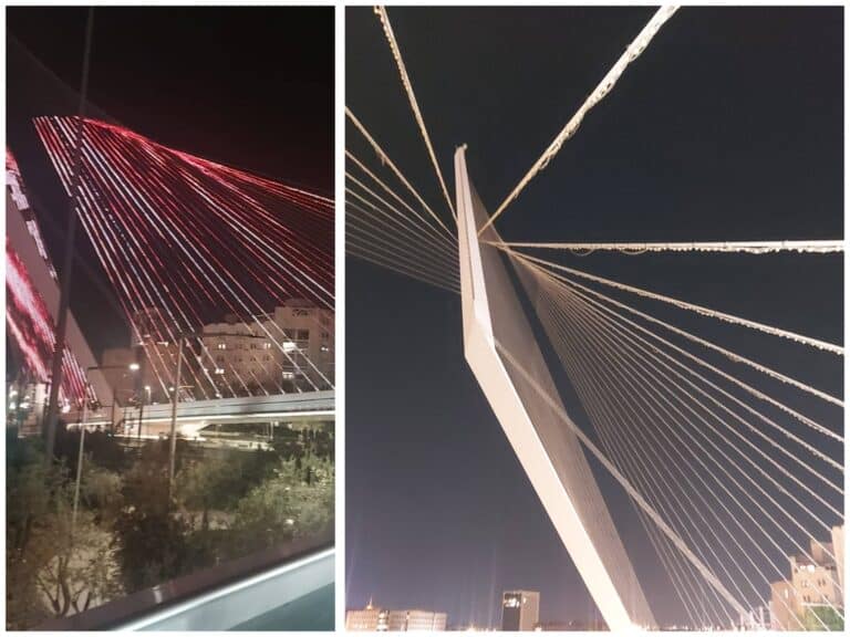 Jerusalem's Bridge of Strings: illuminated in peacetime and dark during wartime curfew