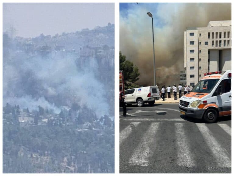 Smoke rising from Carmit Forest and emergency teams responding near Ein Kerem, Jerusalem, during wildfire evacuation.