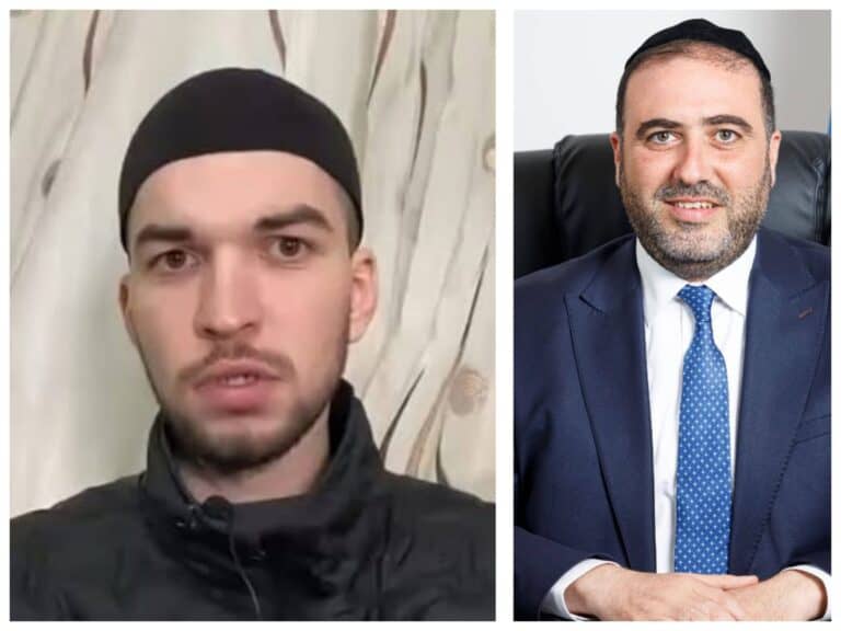 Interior Minister Moshe Arbel and released terrorist Mohammad Atoun side by side