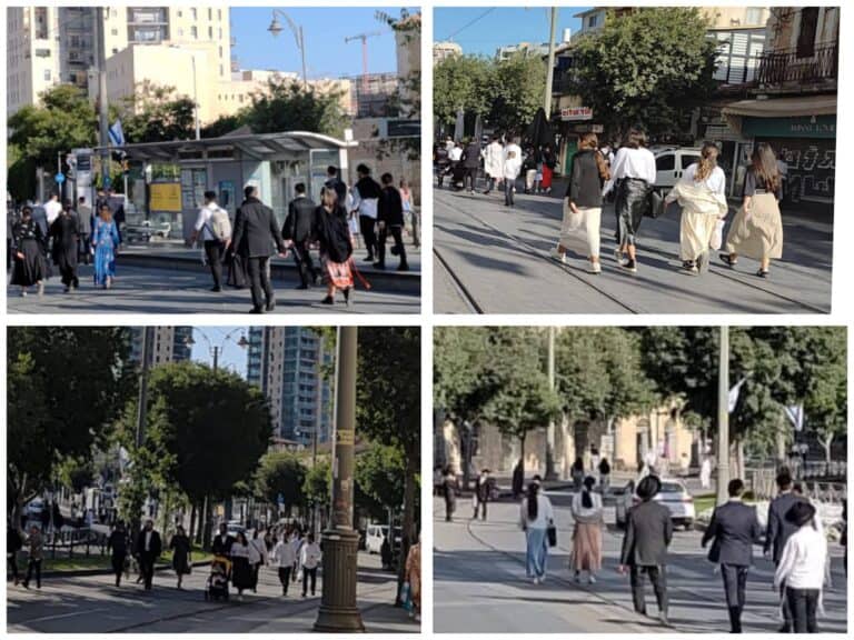 Religious and Haredi crowd walking on Jaffa Street in Jerusalem during Shavuot morning, 2025
