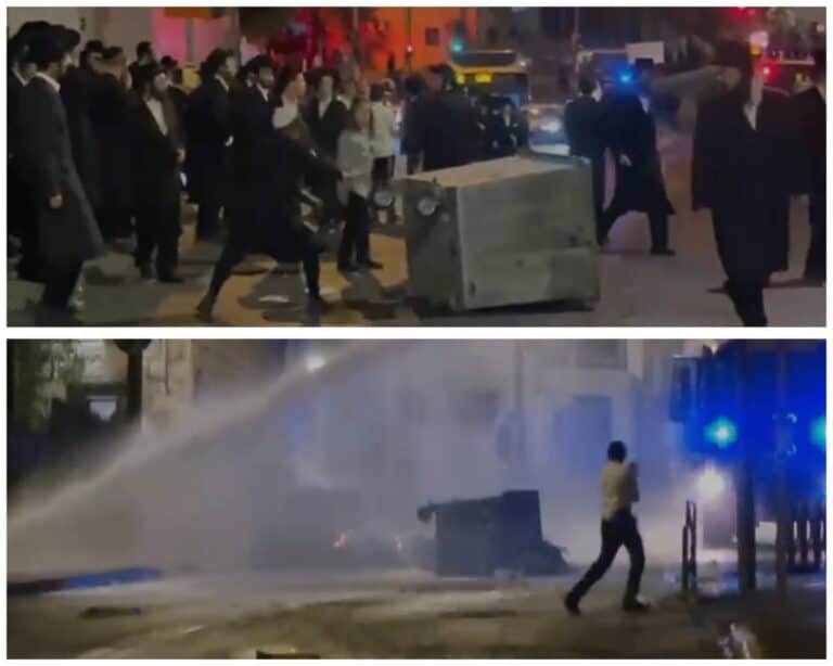 Police using skunk water cannon during Haredi protest in Jerusalem ar