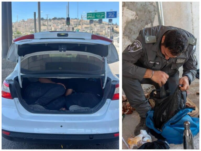 שלושה שוהים בלתי חוקיים בתא מטען סמוך לירושלים; לוחם מג"ב מחפש ציוד במתחם נטוש. (צילום: דוברות המשטרה)