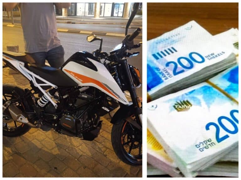 The stolen motorcycle and cash offered during the scam attempt in Jerusalem