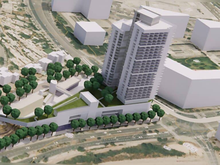 Architectural rendering of two residential towers in Jerusalem near Malha – 482 units, schools, and light rail access