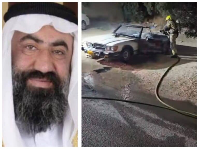 Portrait of Sheikh Wadi' al-Jaabari alongside photo of his burned car in East Jerusalem after arson attack