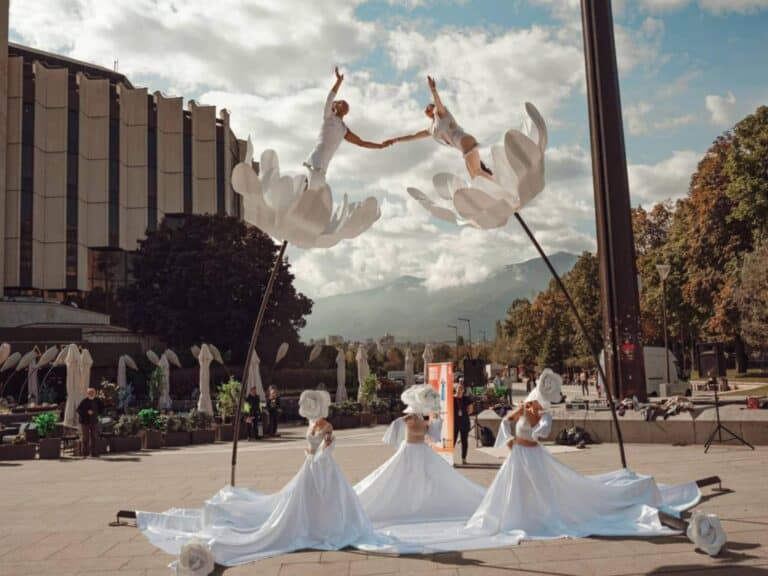 Acrobats perform in giant flowers during the Forest Circus at Jerusalem’s Botanical Garden