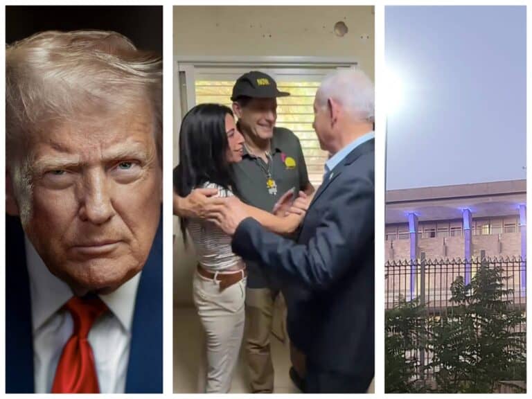 Einav Tzangauker and Netanyahu in Nir Oz, Trump portrait, and the Knesset in Jerusalem during a critical hostage deal moment