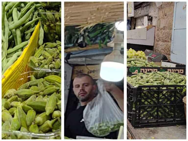 Close-up of okra stalls and sellers at Mahane Yehuda Market in Jerusalem during peak season