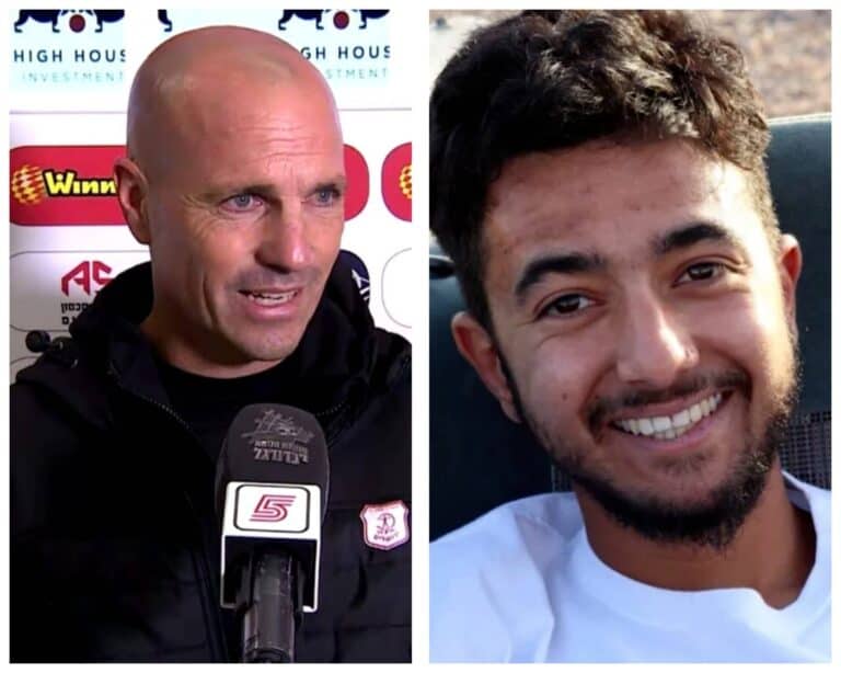 זיו אריה לצד תמונתו של הרש גולדברג פולין ז"ל, ברקע משבר פתיחת עונה בהפועל ירושלים