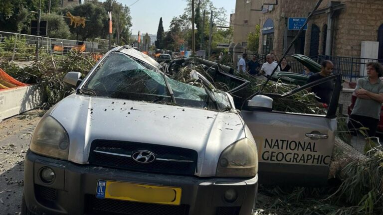سيارة ناشيونال جيوغرافيك سُحقت بعد سقوط شجرة في شارع عمق رفائيم في بيت المقدس