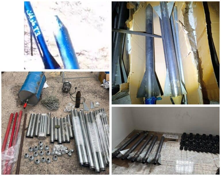 Bagian roket, bahan peledak, dan mesin bubut produksi yang ditemukan di kota Palestina Ramallah – di halaman belakang Baitulmaqdis