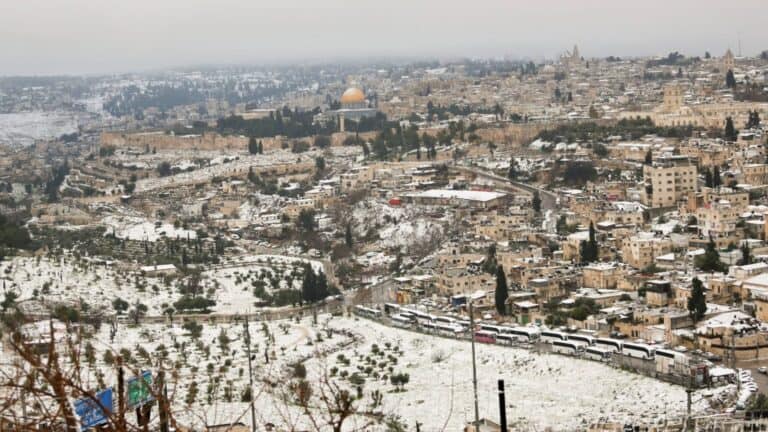 Jerusalem in winter, a snowy view toward the Old City