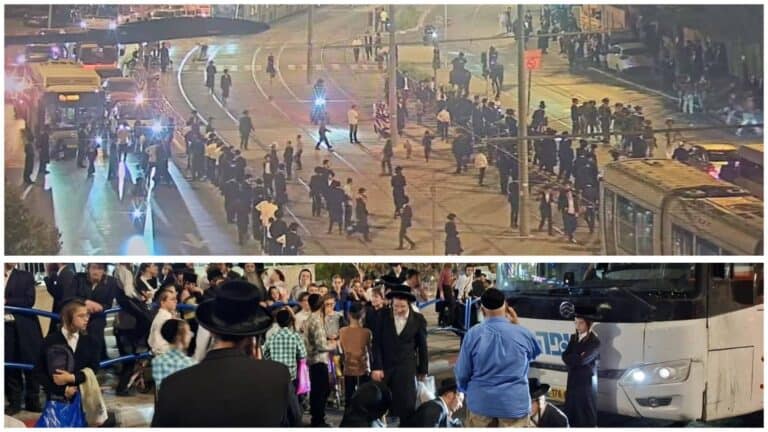 Ultra-Orthodox protesters block Bar-Lev Road and the Jerusalem Light Rail during a demonstration over the Israeli draft law
