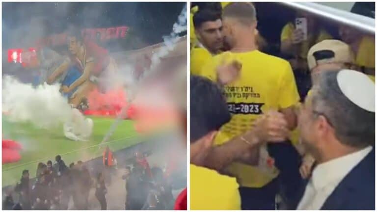 איתמר בן גביר ביציע אוהדי בית"ר ירושלים, לצד תיעוד מאירועי הדרבי שבוטל בבלומפילד, ת"א