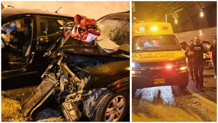 זירת תאונת דרכים קטלנית במנהרת נעמי שמר בירושלים עם צוותי מד"א בזירה