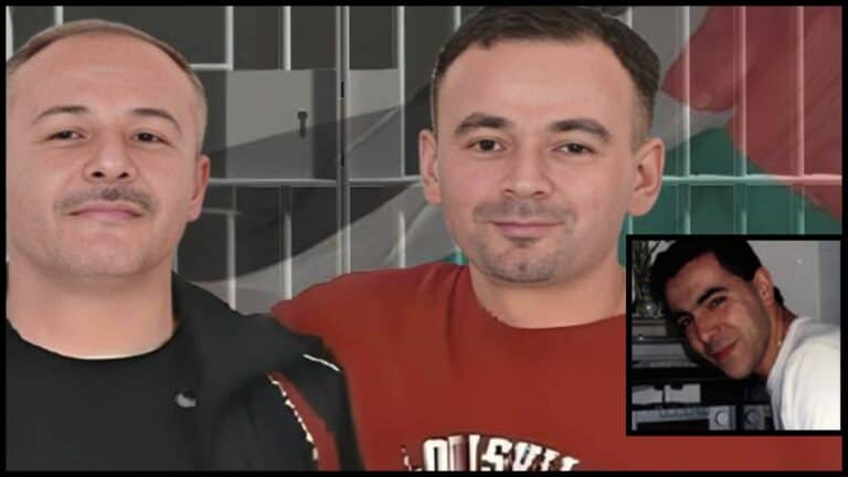 נאצר ומחמוד אבו סרור, שהורשעו ברצח רכז שב"כ חיים נחמני ז"ל, בירושלים בשנת 1993, לצד תצלומו של נחמני ז"ל. משוחררים במסגרת עסקת החטופים