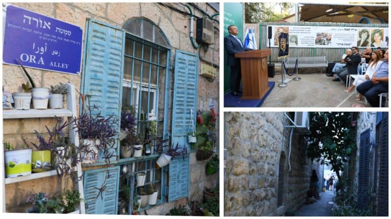 סמטת אורה בשכונת מזכרת משה בירושלים עם תריסים כחולים ועציצים