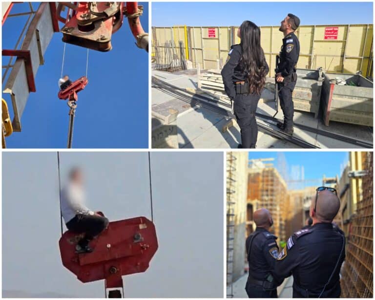 נער יושב על חלקו העליון של עגורן באתר בנייה סמוך לתחנה המרכזית בירושלים, כשכוחות משטרה וכבאות מביטים אליו מהקרקע