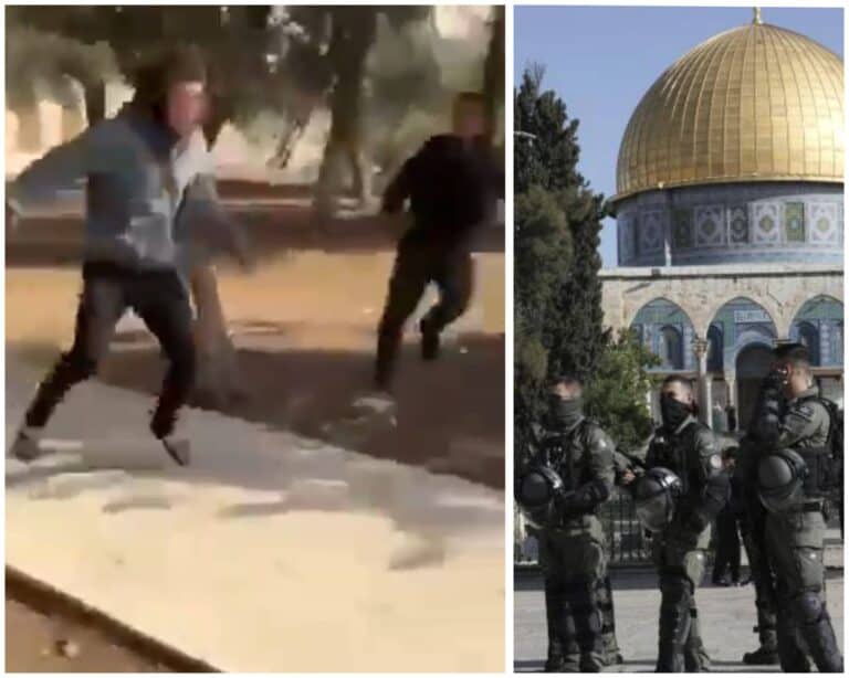 צעירים רצים במתחם הר הבית ולצידם לוחמי מג"ב באזור כיפת הסלע