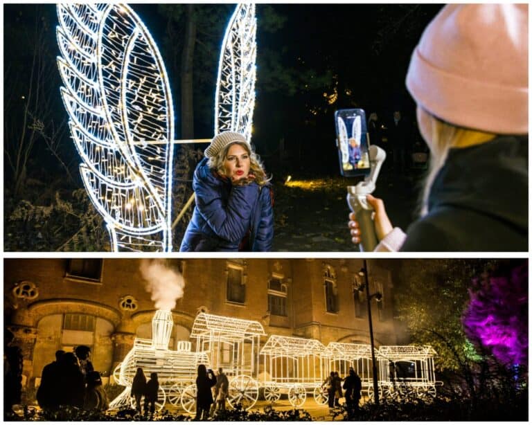 אורחי פסטיבל חורף ירושלים מצטלמים עם מיצגי אור בגן הבוטני בעיר