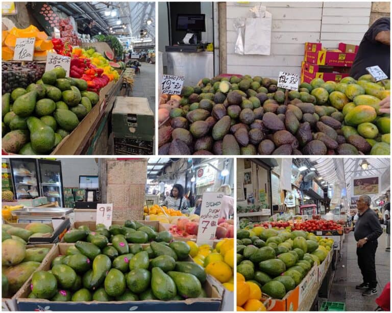 תצוגת אבוקדו בדוכנים בשוק מחנה יהודה בירושלים
