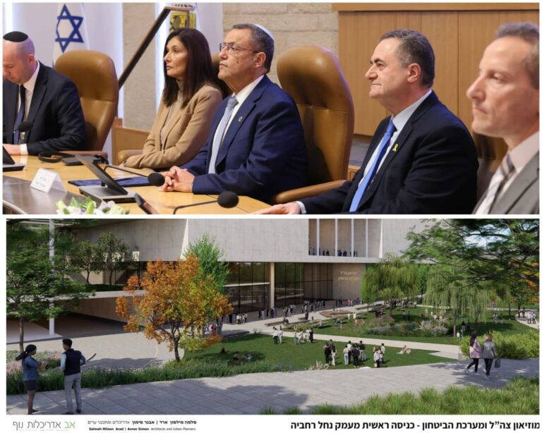 Signature de l’accord-cadre entre le ministère israélien de la Défense et la municipalité de Jérusalem, aux côtés d’une image du musée militaire prévu dans la ville