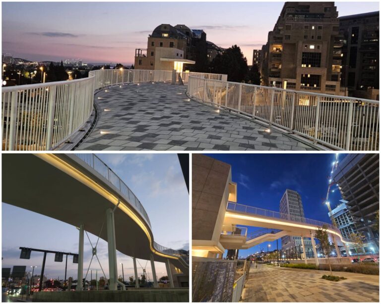 גשר הולכי הרגל החדש בשדרות שז״ר מואר בשעות הערב בכניסה לירושלים